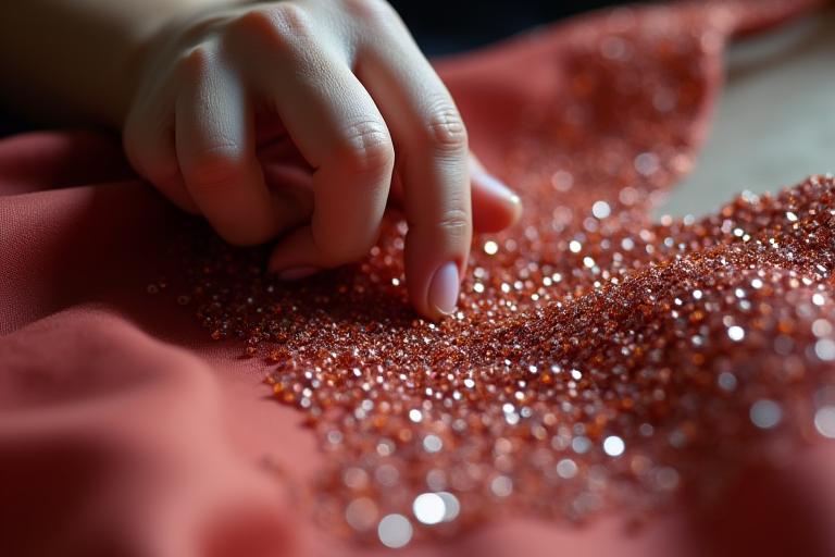 A close-up of a hand applying shimmering beads to a silk dress.