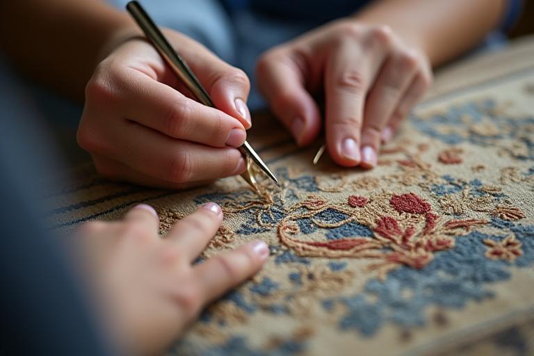 A conservator's hands meticulously stitching a damaged section of an antique tapestry.